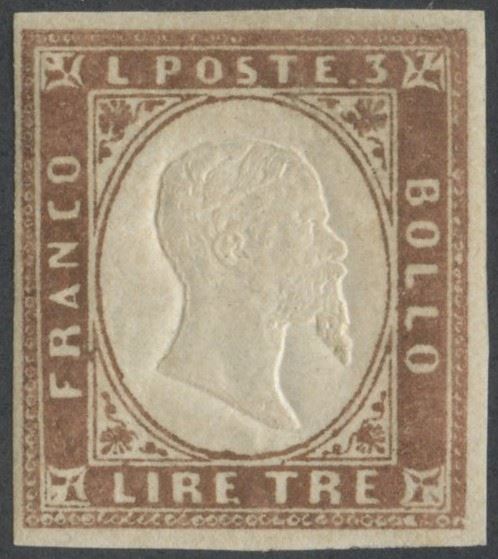 Sardegna, 3 lire (IV emissione), rame, linguellato, con gomma su carta spessa