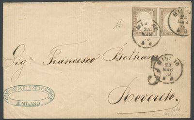 Senza autore, Sardegna IV emissione (25.05.1860) – lettera da Milano per Rovereto affrancata
