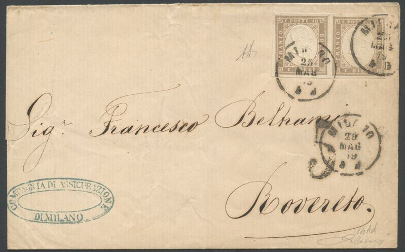 Senza autore, Sardegna IV emissione (25.05.1860) – lettera da Milano per Rovereto affrancata