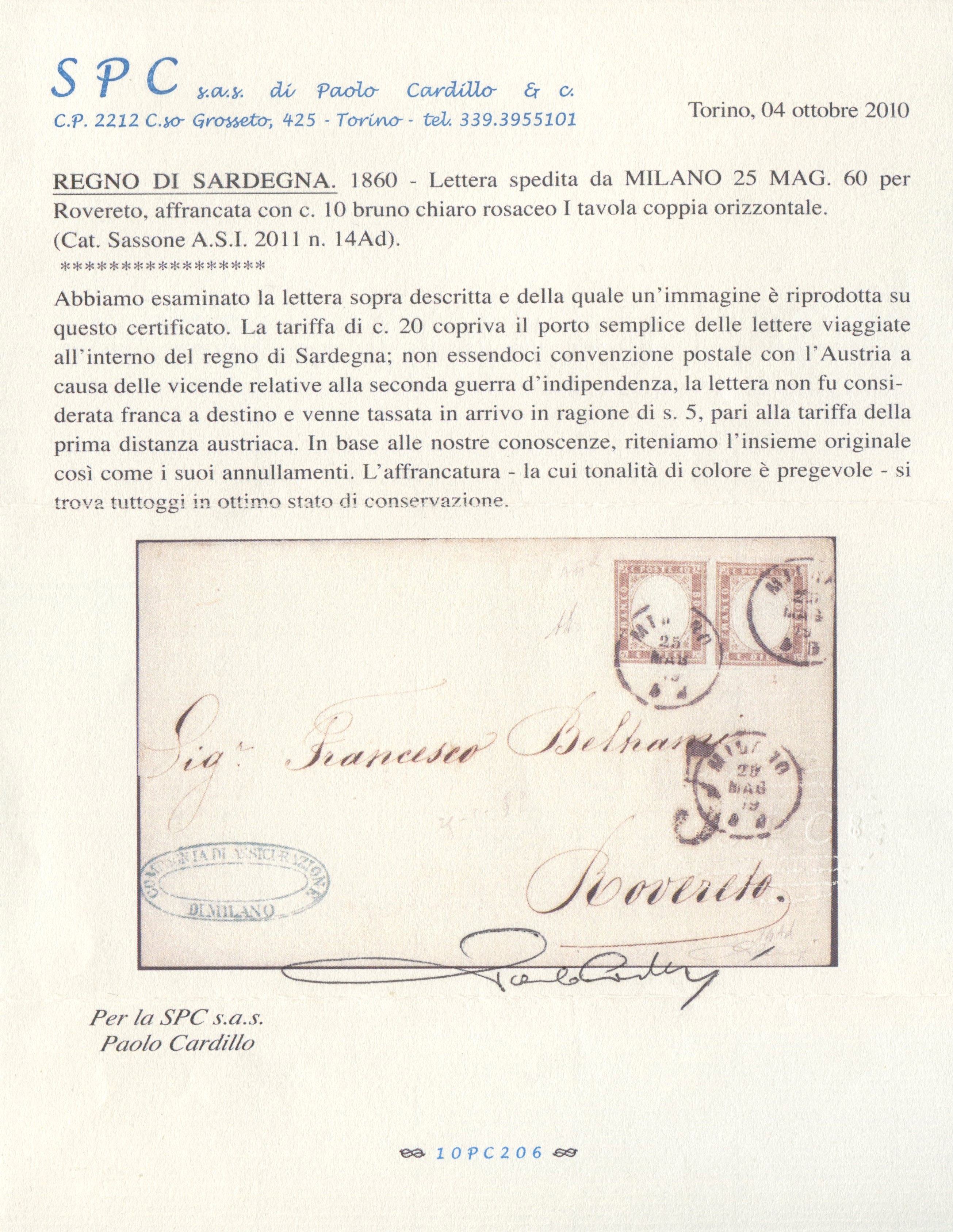 Senza autore, Sardegna IV emissione (25.05.1860) – lettera da Milano per Rovereto affrancata