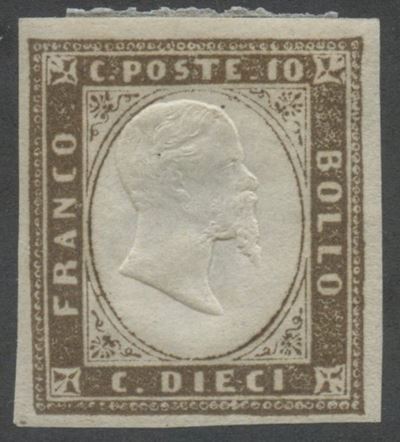 Emissione Sardegna, 10 centesimi bruno giallastro (linguellato), con gomma