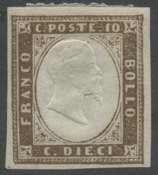 Emissione Sardegna, 10 centesimi bruno giallastro (linguellato), con gomma