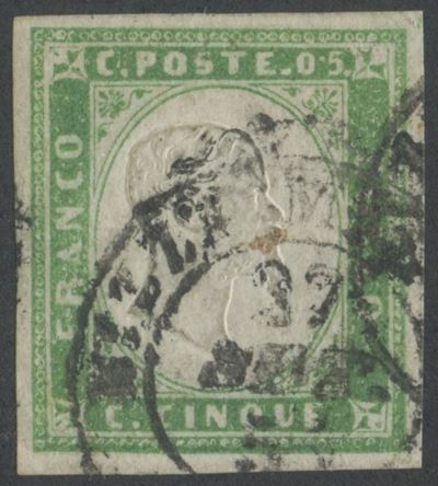 Alberto Diena, Sardegna, 5 centesimi verde pisello (emissione IV, n. 13c) usato