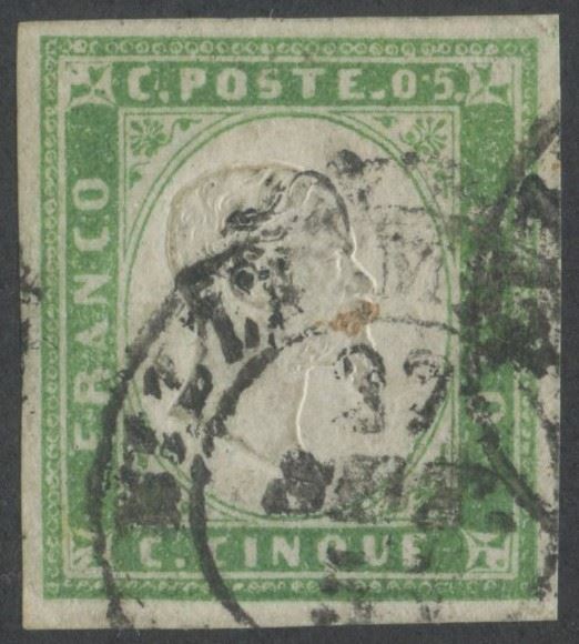 Alberto Diena, Sardegna, 5 centesimi verde pisello (emissione IV, n. 13c) usato