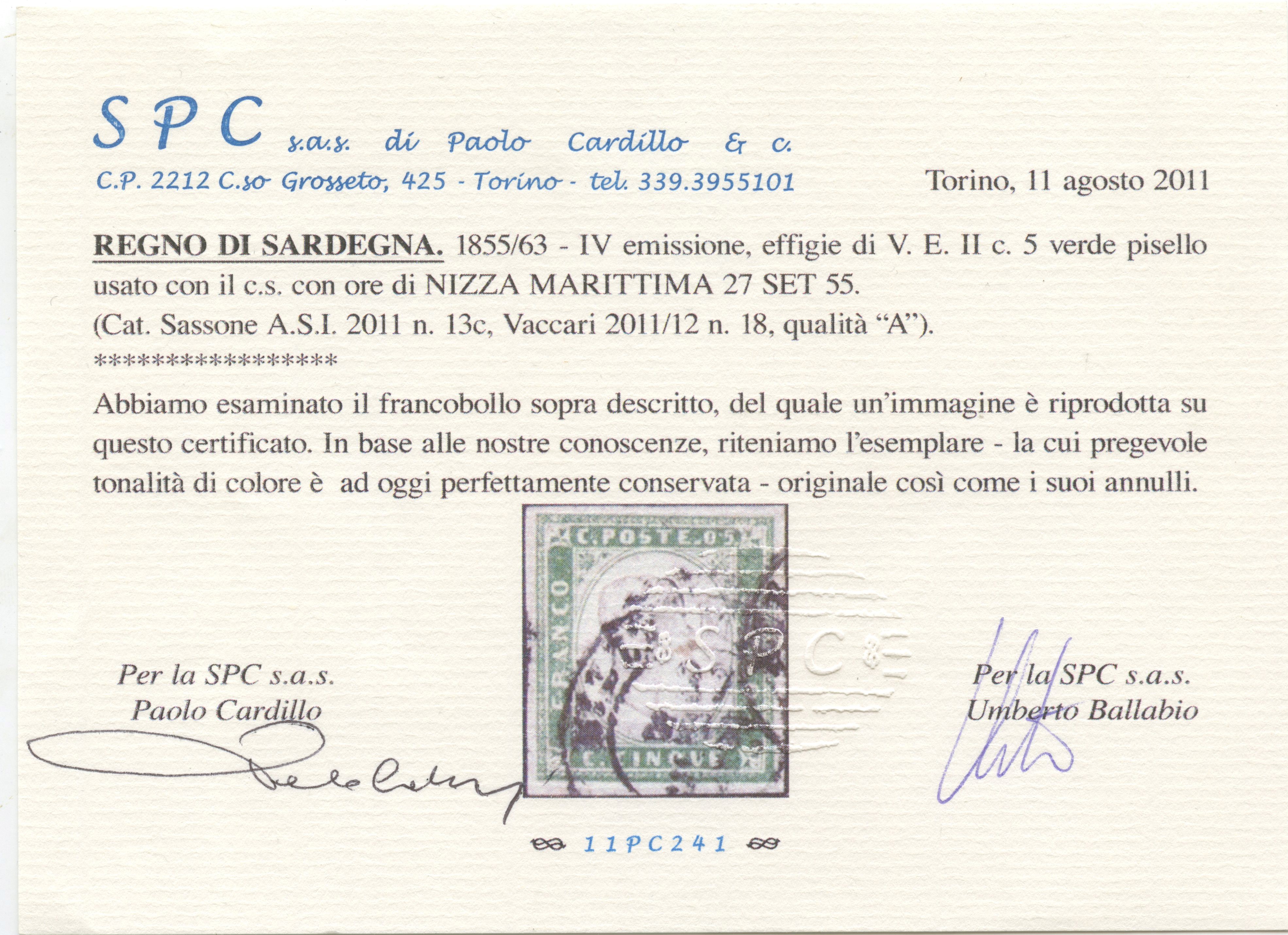 Alberto Diena, Sardegna, 5 centesimi verde pisello (emissione IV, n. 13c) usato