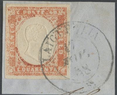 Sardegna, IV emissione – 40 centesimi vermiglio arancio chiaro (n. 16A), frammento