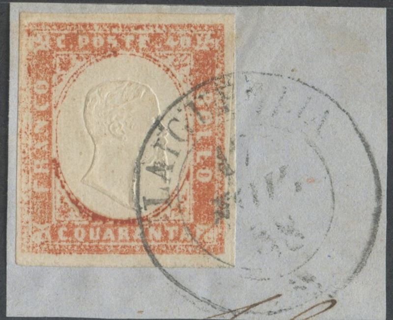 Sardegna, IV emissione – 40 centesimi vermiglio arancio chiaro (n. 16A), frammento