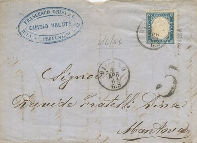 Franco-bolli Sardegna, 20 centesimi, affrancatura per Mantova (02.04.1861)