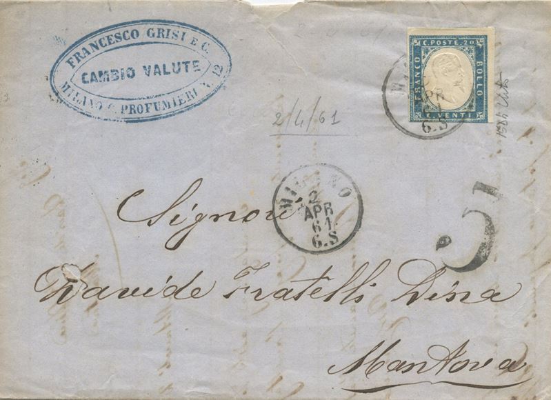 Franco-bolli Sardegna, 20 centesimi, affrancatura per Mantova (02.04.1861)