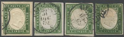 Sardegna, IV emissione — 5 centesimi (1862), serie in quattro tonalità