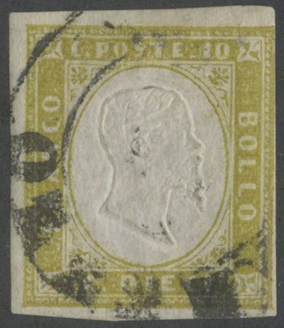 Sassone del XIX secolo, Sardegna – 10 centesimi giallo olivastro (10 cent., n. 14Dc), francobollo