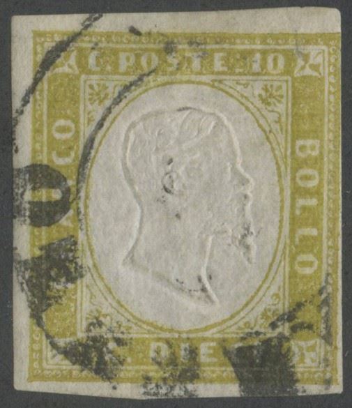 Sassone del XIX secolo, Sardegna – 10 centesimi giallo olivastro (10 cent., n. 14Dc), francobollo