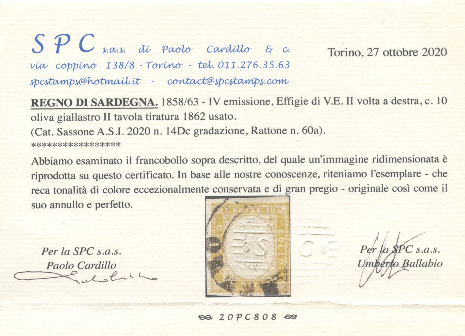 Sassone del XIX secolo, Sardegna – 10 centesimi giallo olivastro (10 cent., n. 14Dc), francobollo