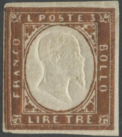 Sardegna, 3 Lire (emissione, rame vivo) — linguellato, con gomma
