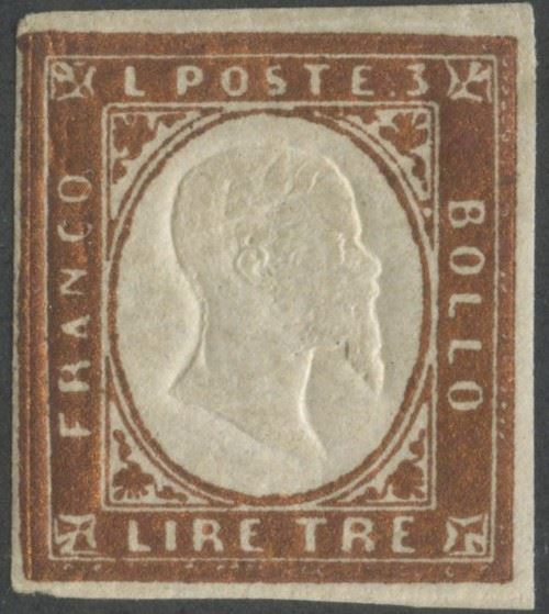 Sardegna, 3 Lire (emissione, rame vivo) — linguellato, con gomma