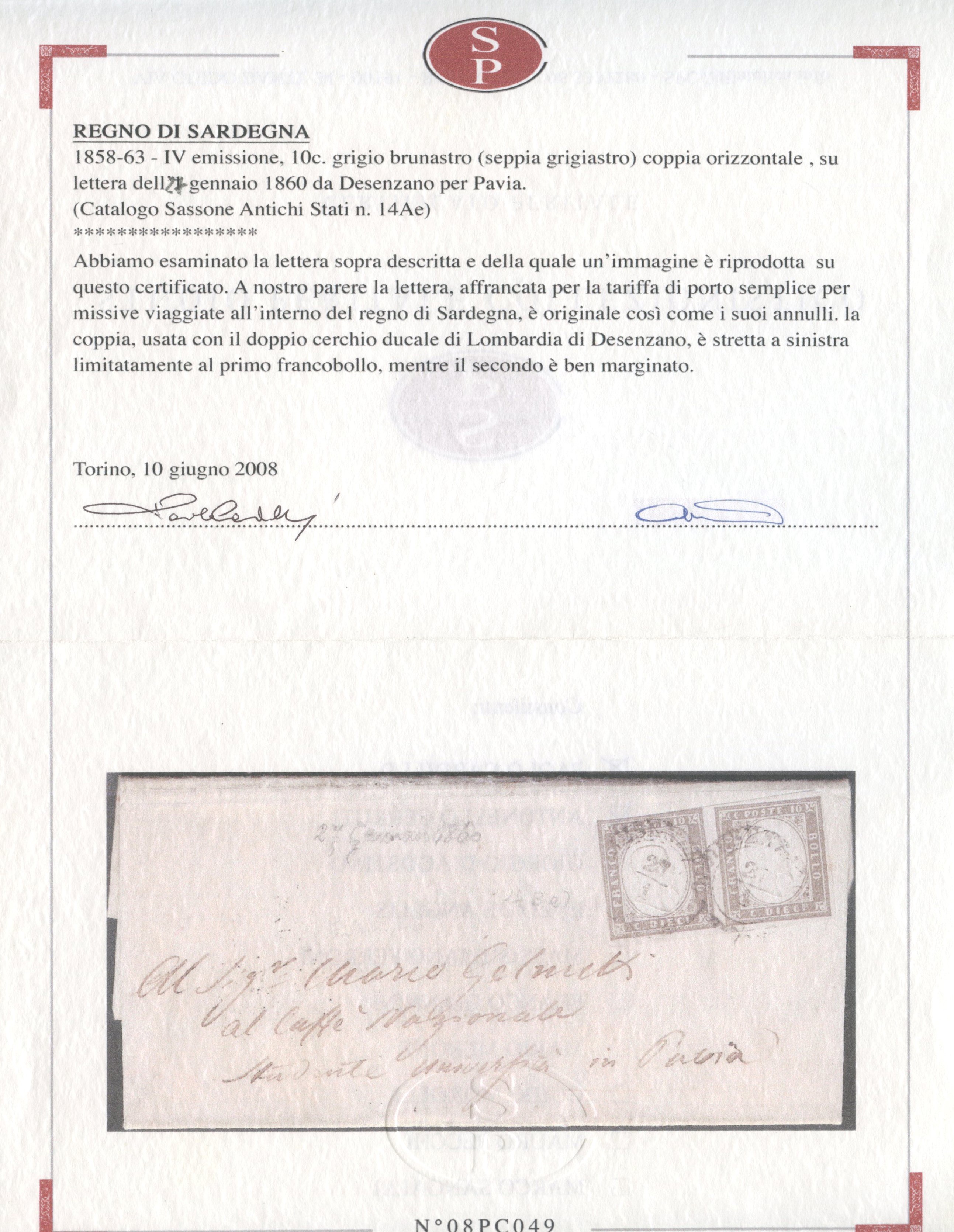 Francobolli del Regno d’Italia, Sardegna IV emissione (Lettera 27.01.1860 da Desenzano per Pavia,...
