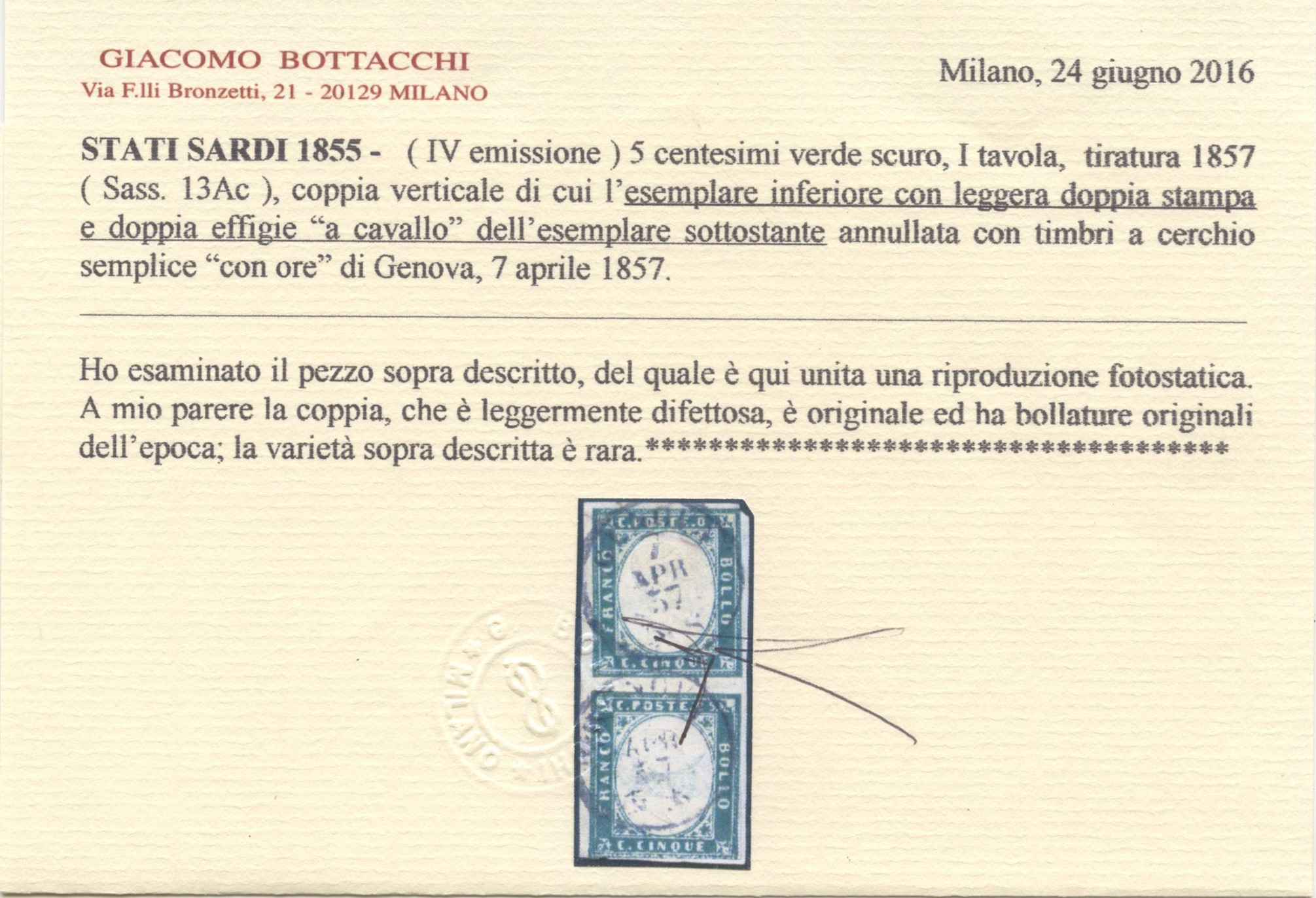 Certificato Bottacchi e Ballabio, Sardegna – IV emissione, 5 centesimi verde scuro (n. 13Ac), cop...