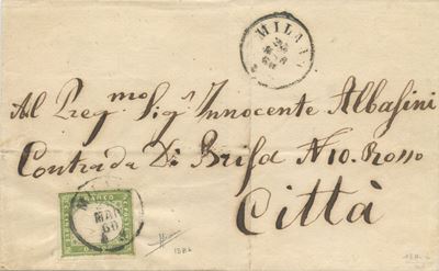 Francobollo, IV emissione, 5 centesimi verde oliva chiaro (Milano, 22 marzo 1860)