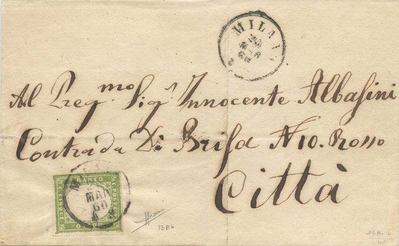 Francobollo, IV emissione, 5 centesimi verde oliva chiaro (Milano, 22 marzo 1860)