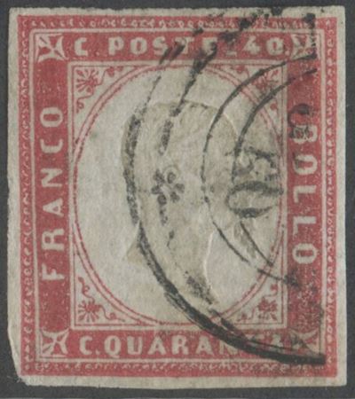 Francobollo della IV emissione della Sardegna, 40 centesimi rosa chiaro