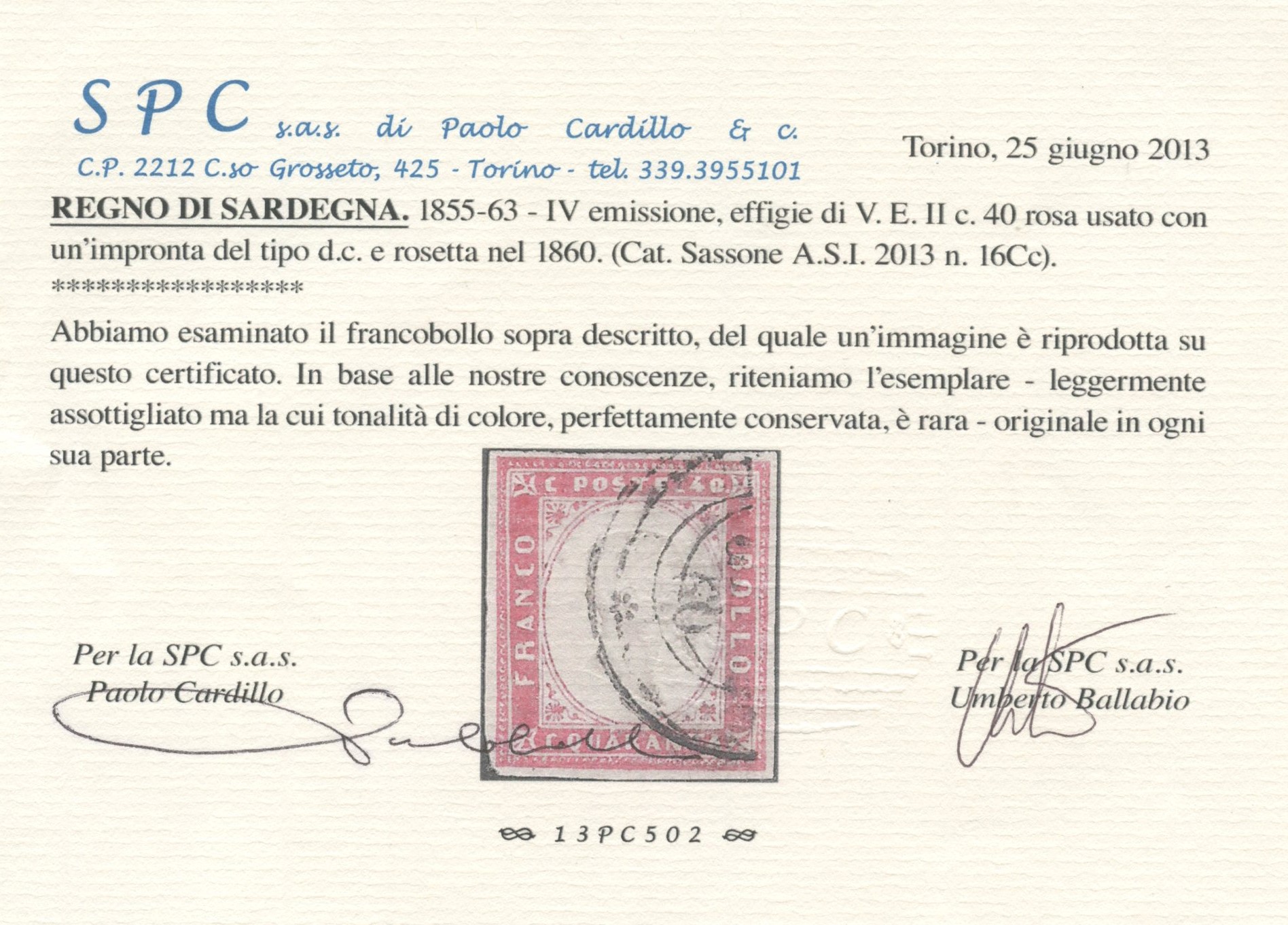 Francobollo della IV emissione della Sardegna, 40 centesimi rosa chiaro