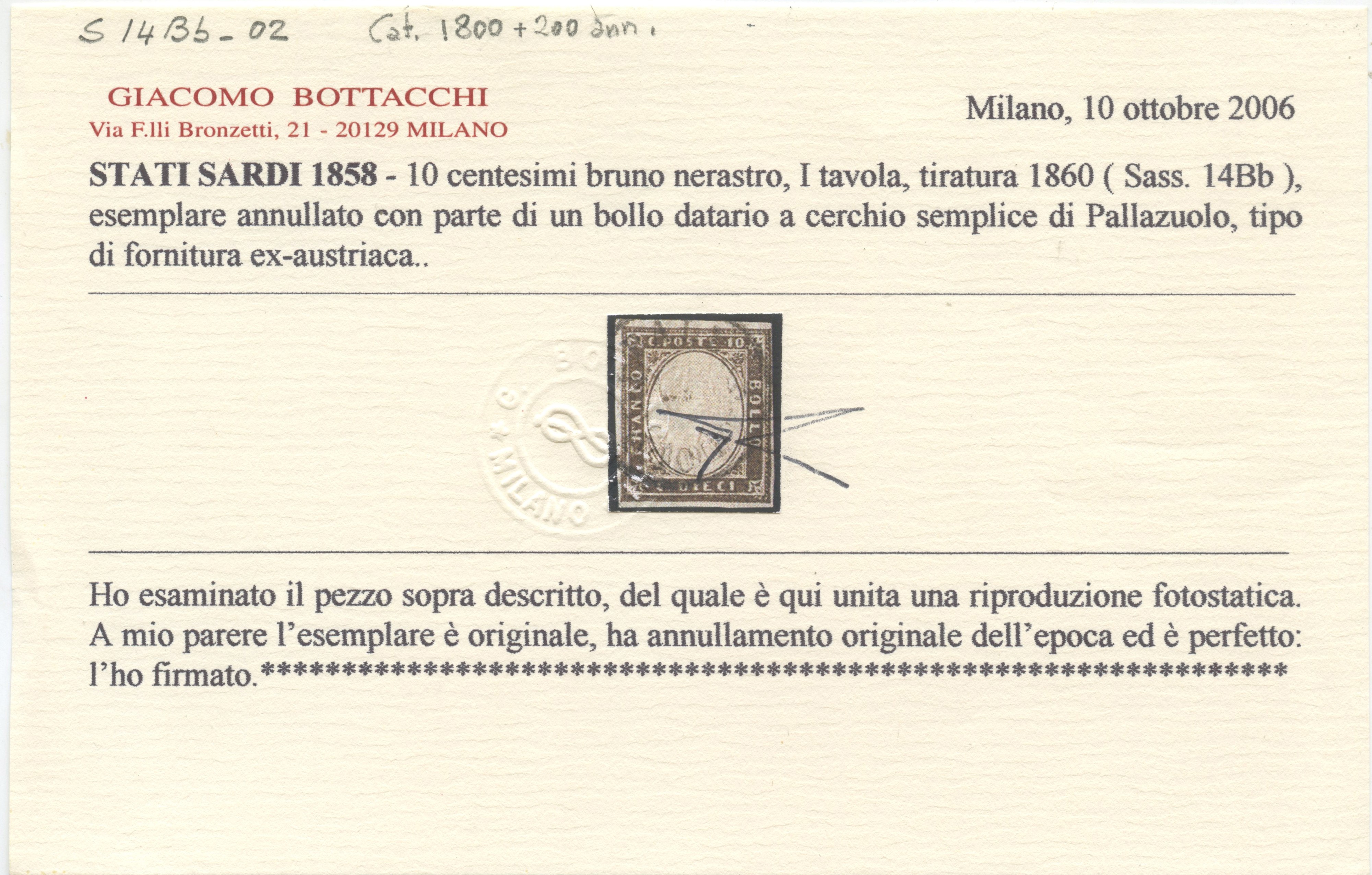 Bottacchi (cert.) / Sardegna, IV emissione – 10 centesimi bruno nerastro, n. 14Bb, usato