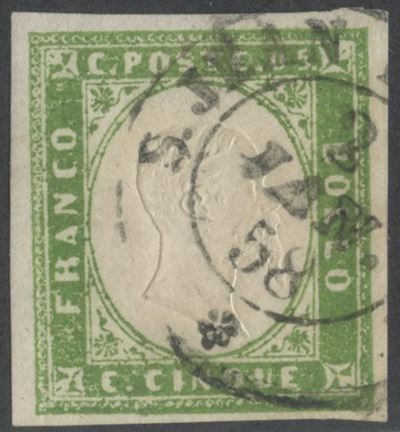 Sardegna, IV emissione – 5 centesimi verde giallo chiaro n. 13Af (francobollo usato)