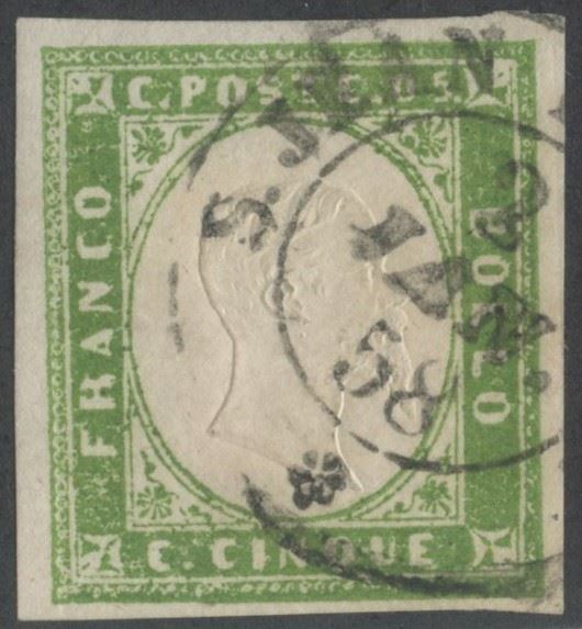 Sardegna, IV emissione – 5 centesimi verde giallo chiaro n. 13Af (francobollo usato)