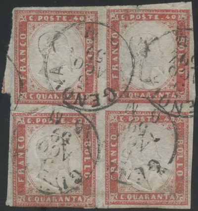 Sardegna IV emissione, 40 centesimi rosso scarlatto chiaro (quartina) n. 16Aa
