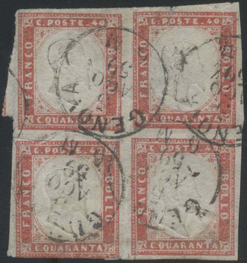 Sardegna IV emissione, 40 centesimi rosso scarlatto chiaro (quartina) n. 16Aa