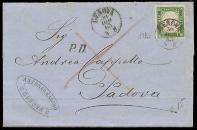 Lettera postale, Sardegna IV emissione (5 centesimi verde giallastro n. 13) — 30/08/1863