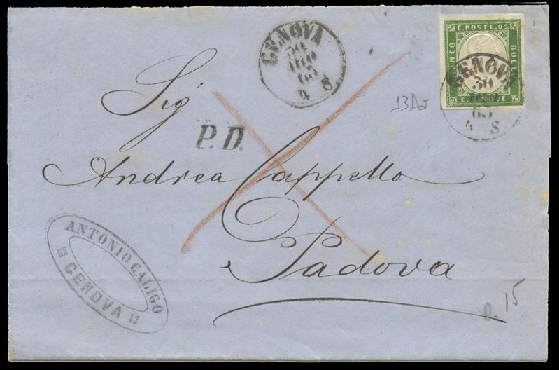 Lettera postale, Sardegna IV emissione (5 centesimi verde giallastro n. 13) — 30/08/1863