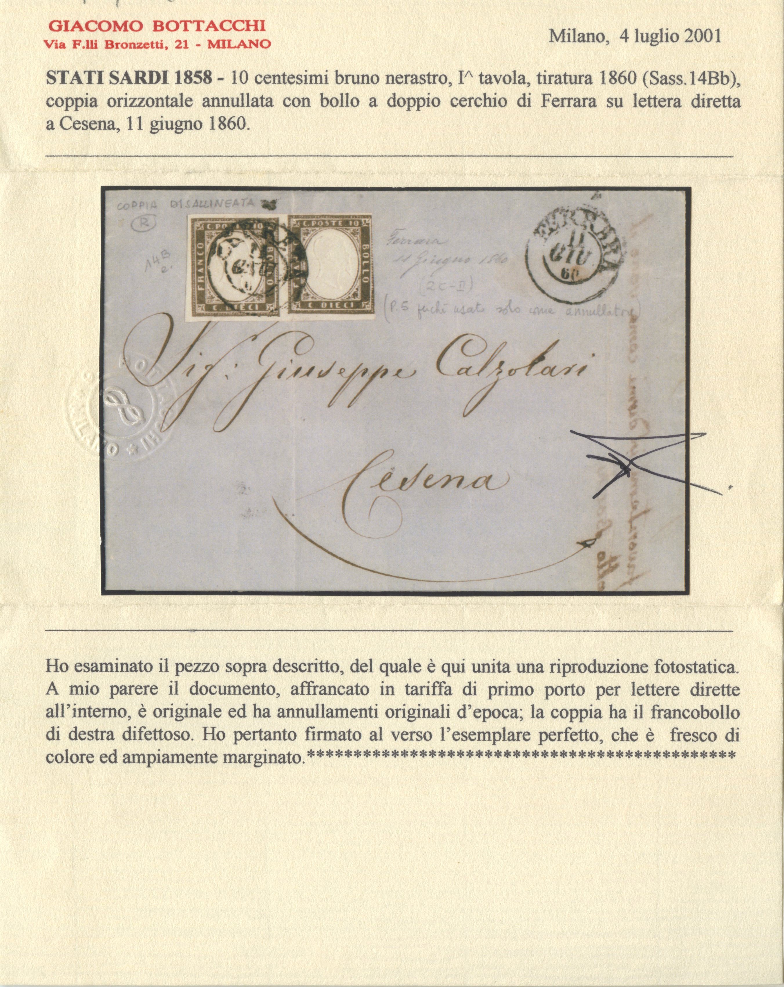 Sardegna, IV emissione — lettera 11.06.1860 affrancata con coppia da 10 centesimi bruno nerastro ...