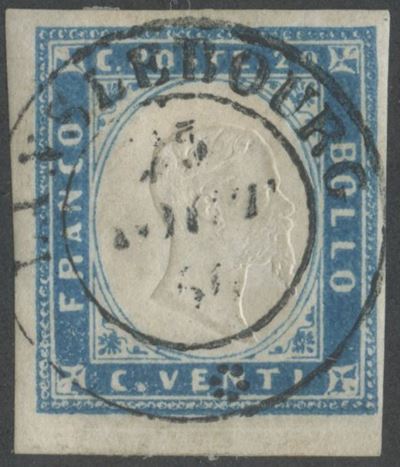 Sardegna, IV emissione – 20 centesimi celesti (bordo di foglio n. 15f)