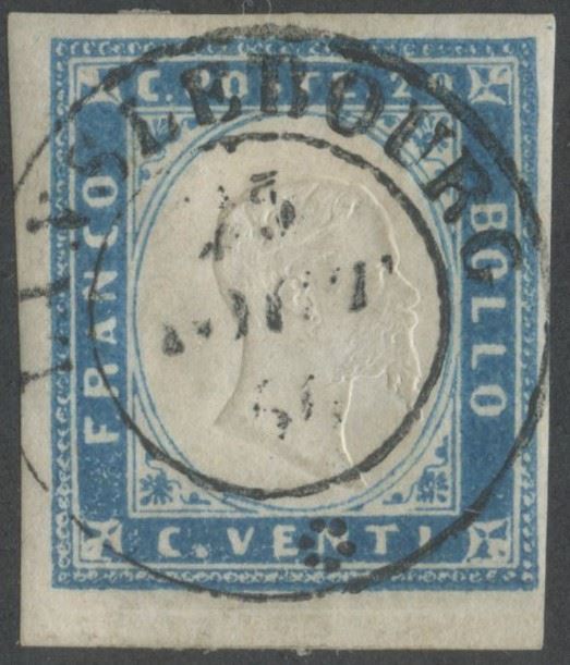 Sardegna, IV emissione – 20 centesimi celesti (bordo di foglio n. 15f)