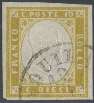 10 centesimi, Sardegna – IV emissione, francobollo giallo olivastro chiaro (n. 14Dc), usato a L’A...