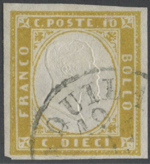 10 centesimi, Sardegna – IV emissione, francobollo giallo olivastro chiaro (n. 14Dc), usato a L’A...