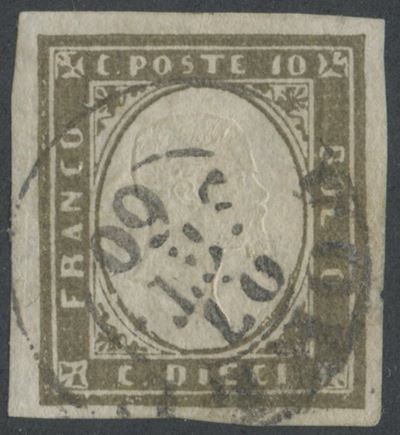 1860, 10 centesimi Bruno Olivastro (Sardegna IV emissione), n. 14B