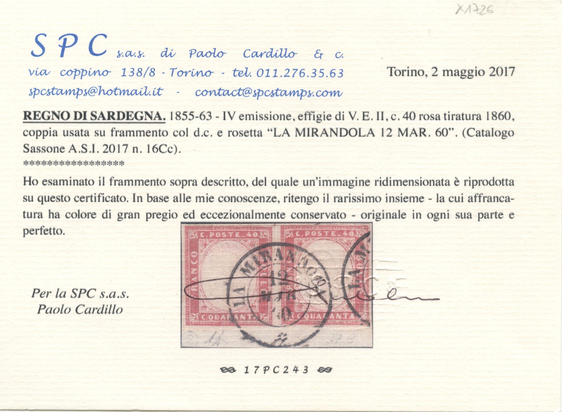 Alberto Diena, Certificazione Cardillo, Sardegna — IV emissione, coppia 40 cent. rosa (n. 16Cc) c...