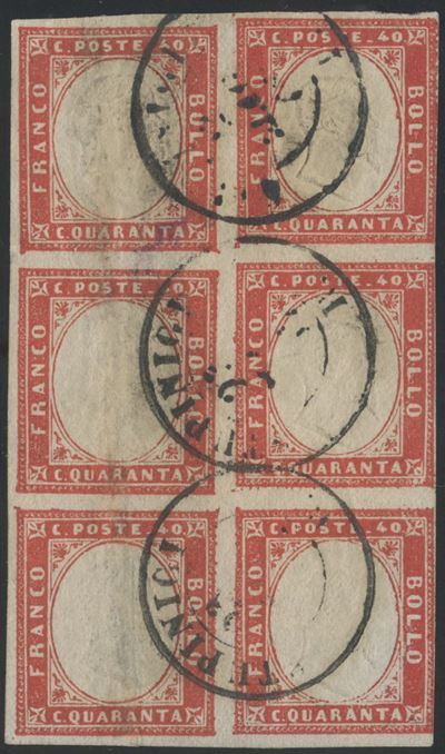 Francobollo sardo, 40 centesimi rosso carminio (n. 16), IV emissione