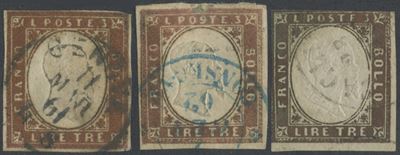 1861, 3 Lire Sardegna — tre tonalità (n. 18, 18A, 18Aa)