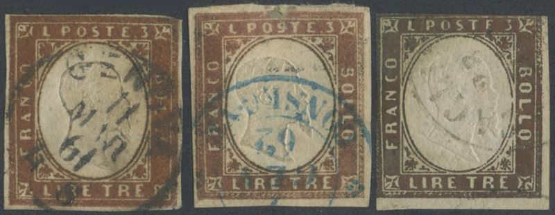 1861, 3 Lire Sardegna — tre tonalità (n. 18, 18A, 18Aa)