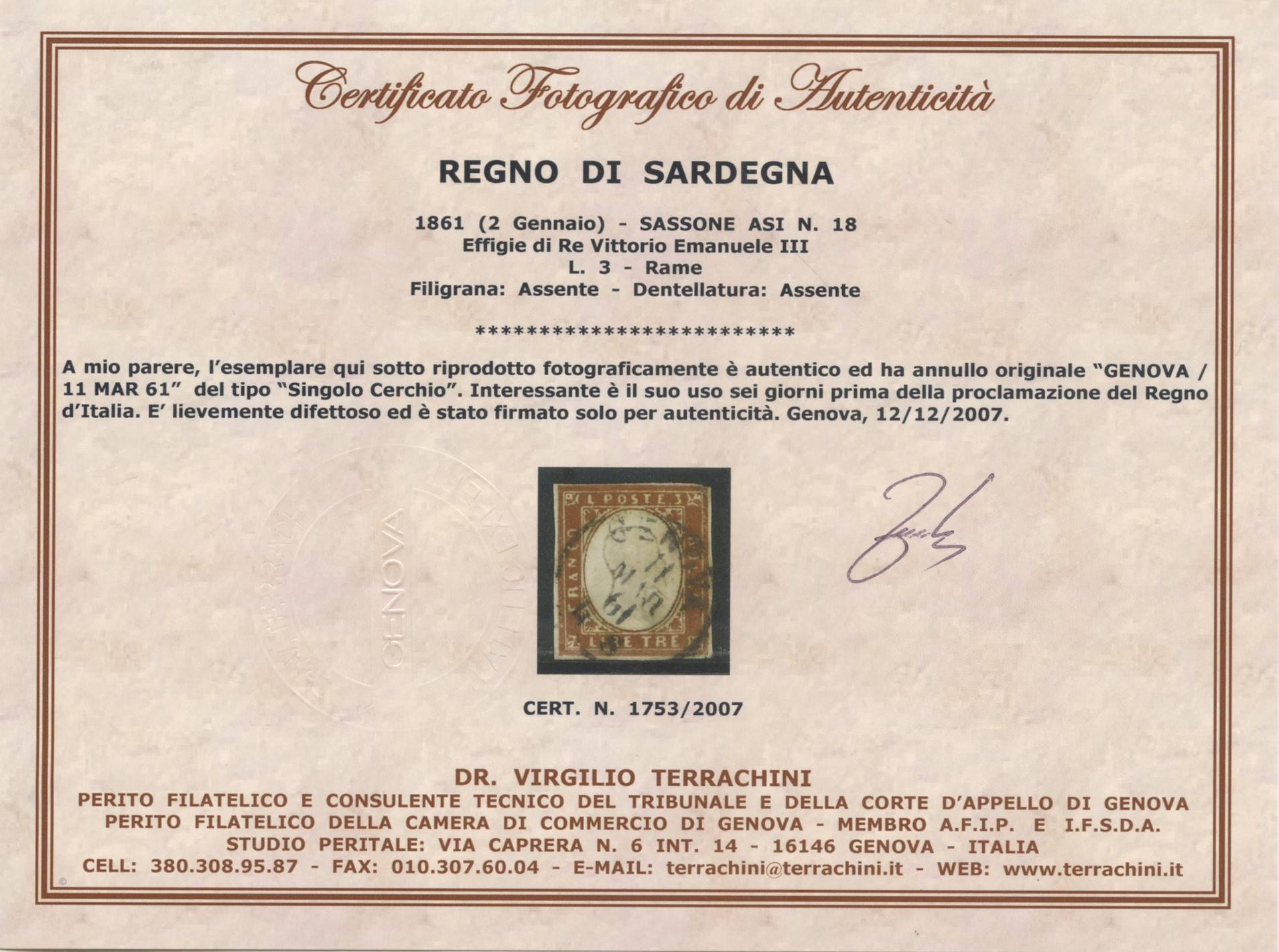 1861, 3 Lire Sardegna — tre tonalità (n. 18, 18A, 18Aa)