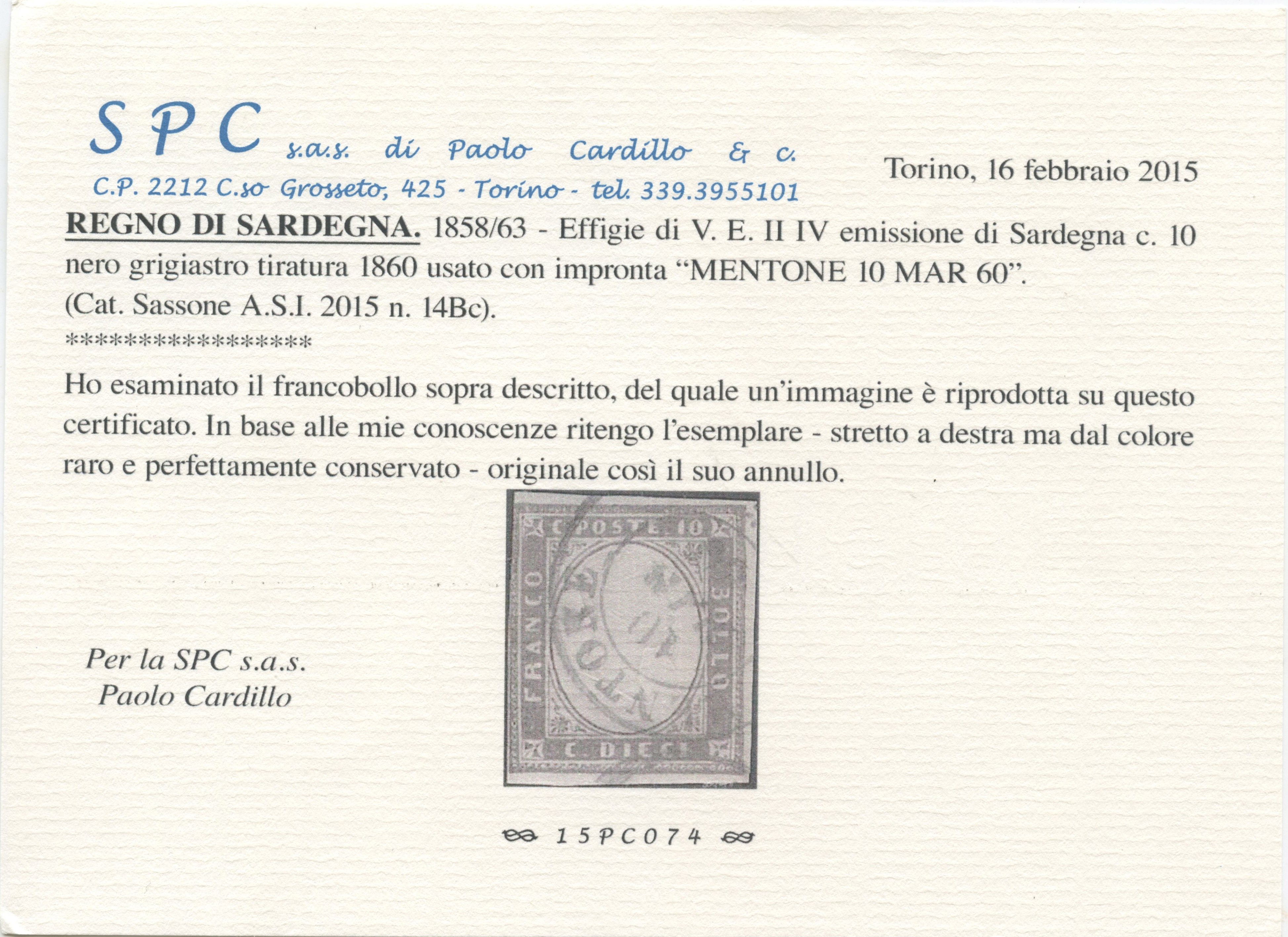 Sardegna, 10 centesimi nero grigiastro (IV emissione) annullato con doppio cerchio di Mentone, n....