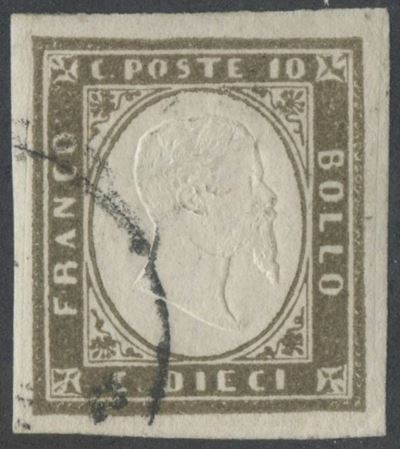 1861, 10 centesimi grigio-bistro scuro n. 14 (Cf) con annullo leggero