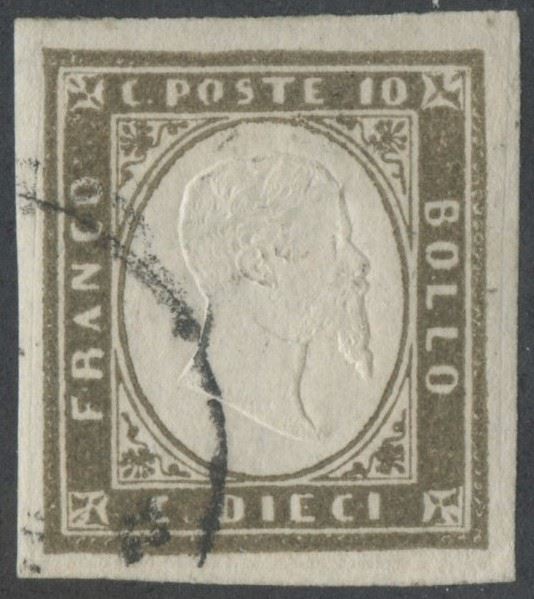 1861, 10 centesimi grigio-bistro scuro n. 14 (Cf) con annullo leggero