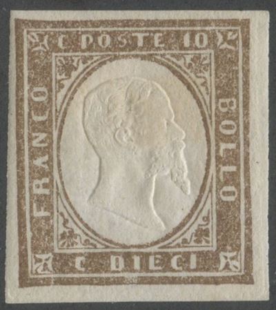1861, 10 centesimi bruno cioccolato chiaro (Sardegna IV emissione) n. 14Cea, linguellato