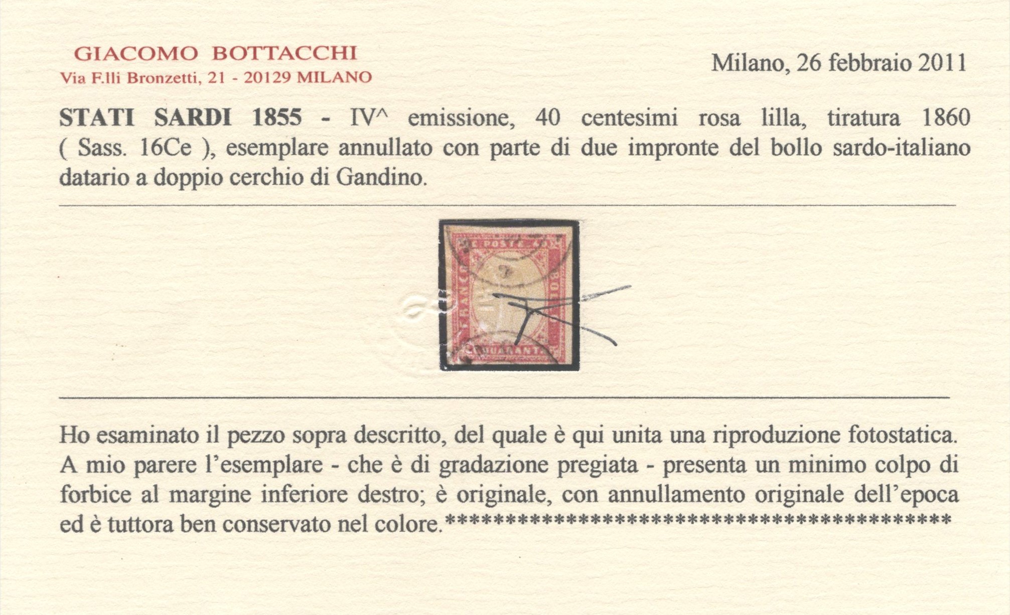 Bottacchi (cert.), 1860, 40 centesimi rosa lilla, annullato con doppio cerchio di Gandino (n. 16C...