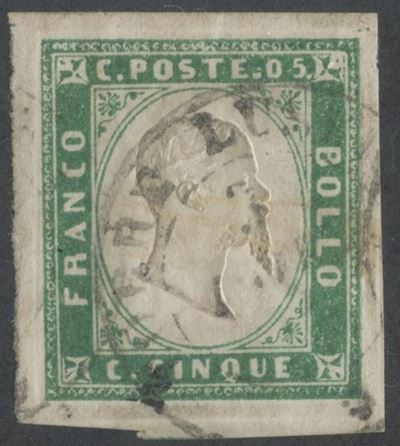 Sardegna IV, 5 centesimi verde smeraldo giallastro (emissione del 1856), usato