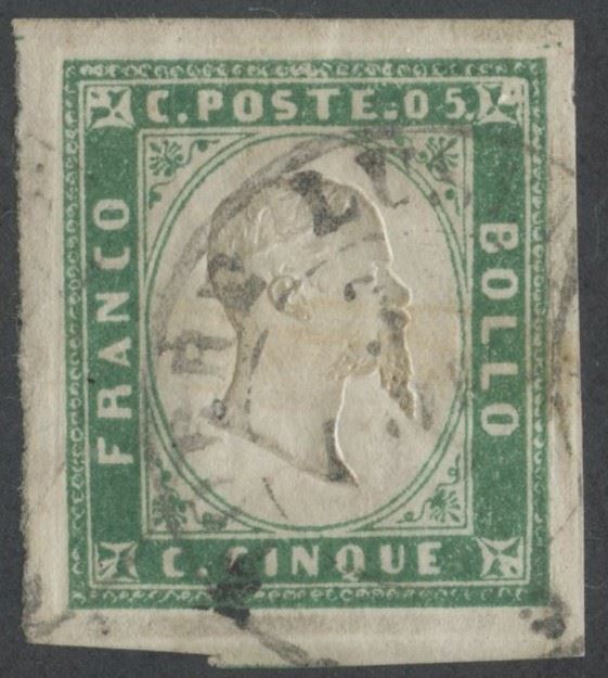 Sardegna IV, 5 centesimi verde smeraldo giallastro (emissione del 1856), usato
